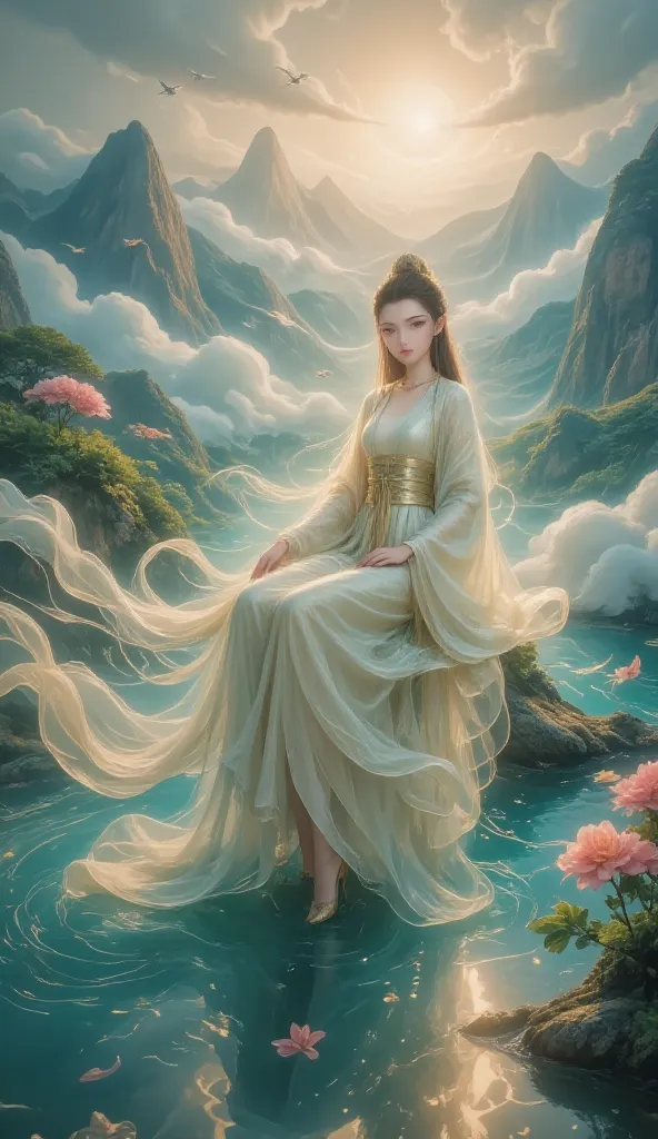 It adds divine brilliance to her figure {x} Her long hair falls down like a waterfall {x} She represents ancient Chinese culture's understanding of nature {x} This Chinese goddess stands majestically between beautiful scenery and rivers。in a gorgeous fairy...