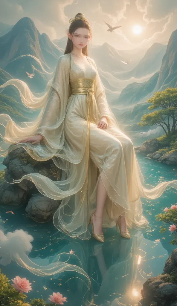 It adds divine brilliance to her figure {x} Her long hair falls down like a waterfall {x} She represents ancient Chinese culture's understanding of nature {x} This Chinese goddess stands majestically between beautiful scenery and rivers。in a gorgeous fairy...