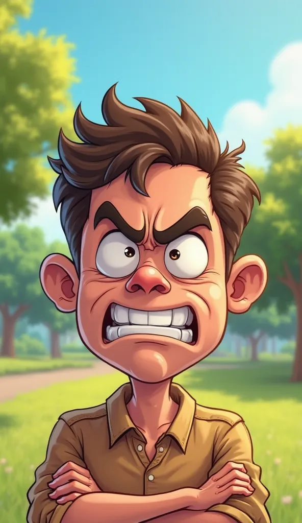 A cartoon-style close-up of the owner’s face, showing an intense expression of anger in a vibrant park setting. The owner’s face is drawn with exaggerated cartoon features: furrowed brows, wide, glaring eyes, and clenched teeth, all clearly showing their f...