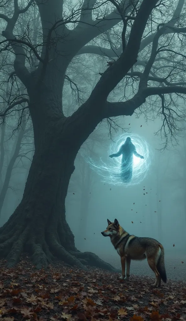 Under a gnarled, ancient tree in a fog-choked forest, a lone wolf prowls the leaf-strewn ground, ears alert. Above, a ghostly figure floats between the branches, its translucent form flickering with eerie light. The wolf freezes, gaze fixed on the specter ...