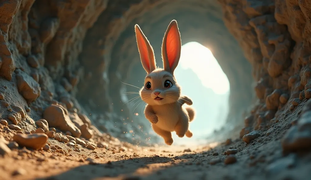 3d animation style a rabbit run on caves door 