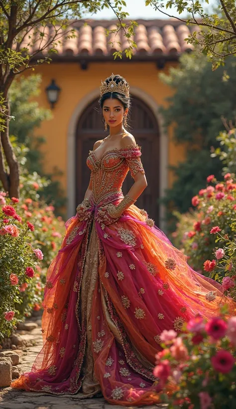 "A lively queen in a beautiful colorful dress, surrounded by vibrant flowers, standing in front of a traditional Mexican villa."
