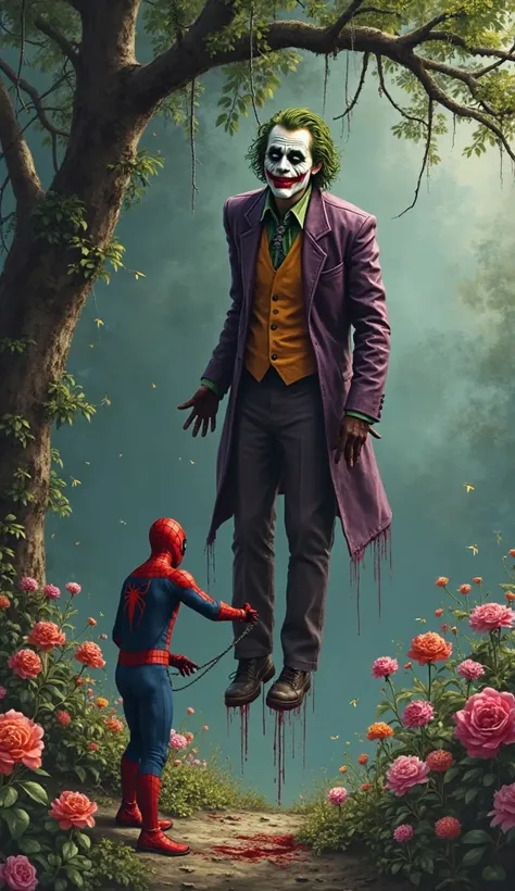  joker is hanging on a tree blooded , rope on his neck, Spiderman is pulling the rope from ground, at flower garden 