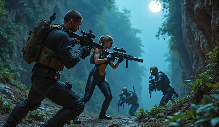 A stunning duo of elite snipers fighting for survival in a haunted canyon. The man is tall and muscular, clad in tight-fitting tactical armor, gripping a sniper rifle with an infrared scope, his sharp eyes locked onto the enemy like a true hunter. The woma...