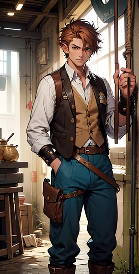  Clothes and accessories :

shirt: The character's white shirt has a tight cut and long sleeves, that are rolled up to the elbows. The collar is simple ,  without much embellishment .

vest: The brown vest has gold buttons and small pockets on the front. I...