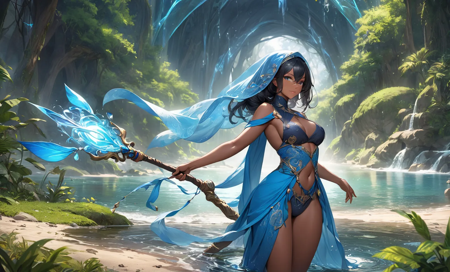 Black Long Hair Big Chest，dark skin，cleavage，Squinting eyes，Mature Woman，Bangs,Blue Ponytail Costume，bare arms， Bare Waist ，Loin cloth， Bare Thighs， stands，veil，mage，Staff，water，soil