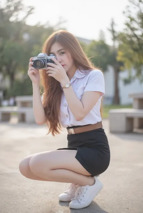 Photograph of a young Asian woman with fair skin, long auburn hair, kneeling in a sunlit park. She wears a white short-sleeved blouse, brown university belt, short black pencil skirt with side slits and white sneakers. She holds a vintage camera to her fac...