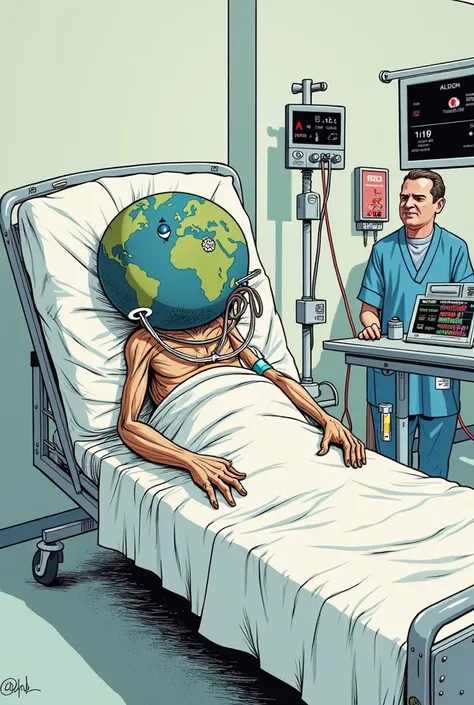 A critical cartoon with the sick Earth in the hospital recovering from temperature while being cared for