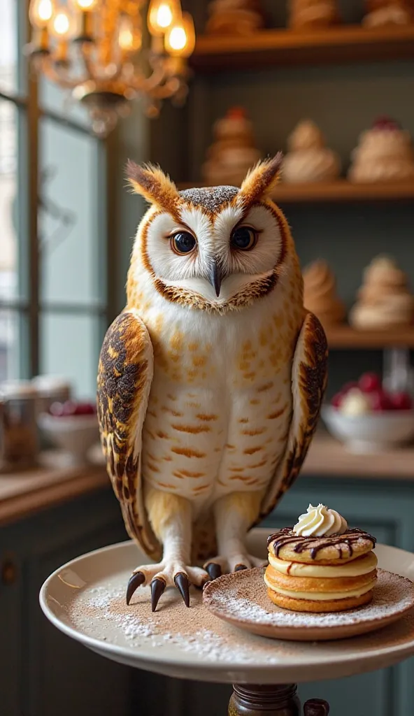 The Owl Pâtissier

A wise barn owl, perched on a stool in a grand Parisian patisserie, is crafting elegant desserts with masterful precision. The owl first melts rich chocolate over a double boiler, stirring it with delicate care. Then, it pipes whipped cr...