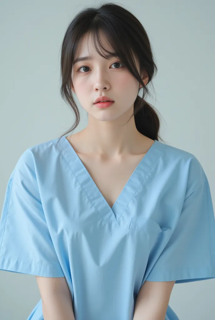 nurse in her 20s leaning for워드 at us with a worried expression wearing a light blue medical gown、I can see my chest、I have long hair tied to my tail、I can see a realistic image seen from the front、I can see a realistic image seen from the front고해상도、ultra h...