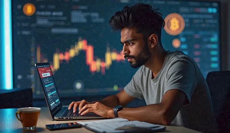 A realistic image of a young Indian man in his mid-20s, sitting at a desk with a laptop open, displaying a cryptocurrency trading chart. He has a focused yet slightly confused expression, as he is a beginner learning how to invest in the crypto market. He ...