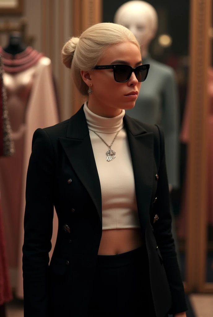 Rhaenyra Targaryen, pale blonde hair bun, sunglasses, black blazer, white midriff turtleneck,in a dress shop in Milan 