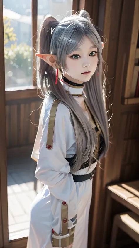 Full Body Image,fullbody,high resolution,Highest quality,Beauty,Elf,A girl is standing facing the front, petite girl,Her hair color is silver., clear eyes and nose,realistic pictures,twintails