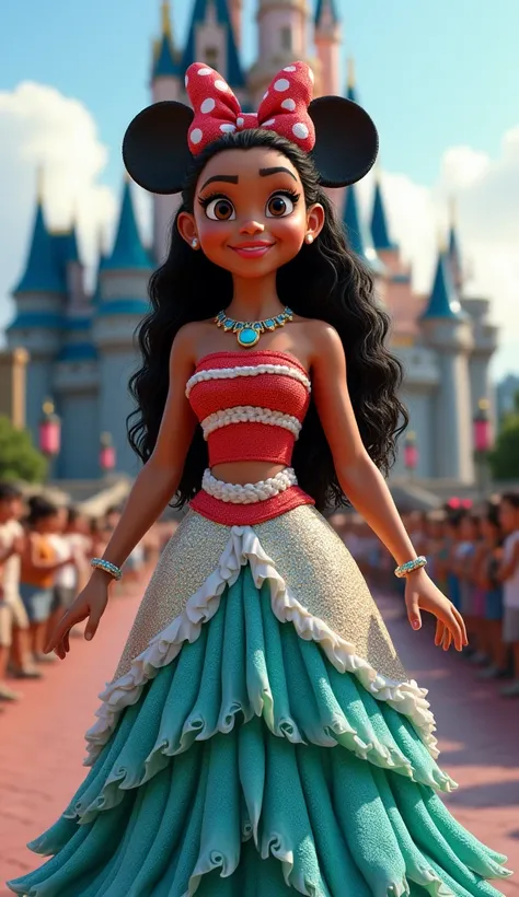 "Design an ultra-realistic, full-body image of a single hybrid princess combining both Moana–Minnie forms. She should appear as a powerful sea goddess, with tidal patterns merging into polka dots and a prominent Minnie bow shaped from coral. Her regal skir...