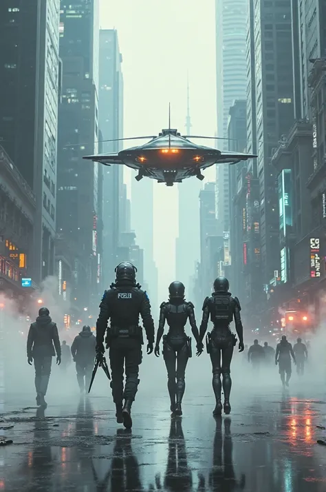 It's the year 2034 and humans are paired with humanoid robots with flying cars and a futuristic city with people walking around with Futuristic police officers with a hovering police car in a futuristic city as a background with steam coming from the groun...