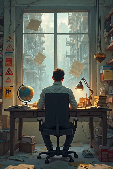 Image of man at desk with books, Earth globe and targets surrounded by construction tape and notices
