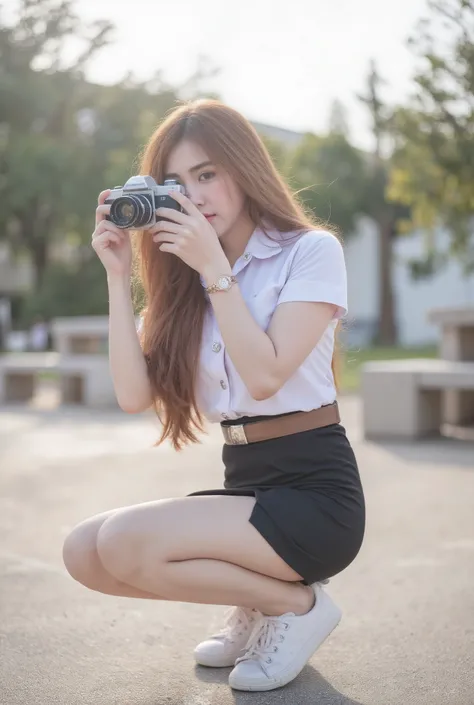Photograph of a young Asian woman with fair skin, long auburn hair, kneeling in a sunlit park. She wears a white short-sleeved blouse, brown university belt, short black pencil skirt with side slits and white sneakers. She holds a vintage camera to her fac...