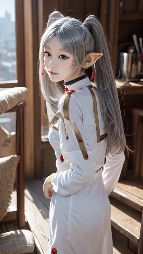 Full Body Image,fullbody,high resolution,Highest quality,Beauty,Elf,A girl is standing facing the front, petite girl,Her hair color is silver., clear eyes and nose,realistic pictures,twintails