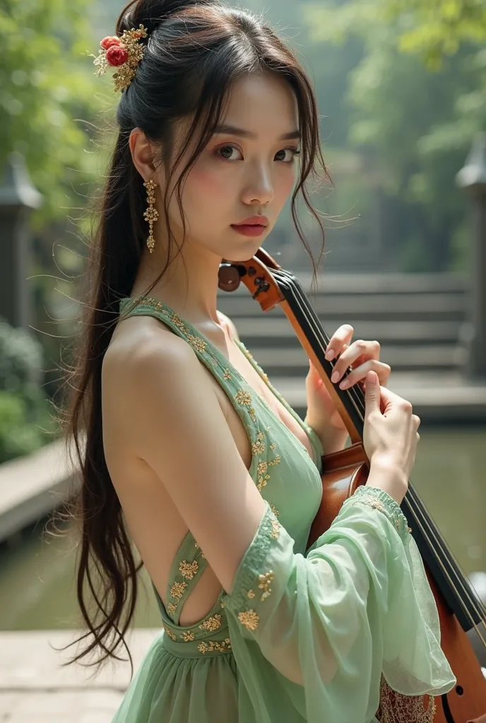 A stunning 18-year-old girl exuding confidence and grace, dressed in a sexy, revealing light green dress with a modern design that combines traditional Chinese-inspired elements. She plays the cello with poise, her long dark hair flowing elegantly and ador...