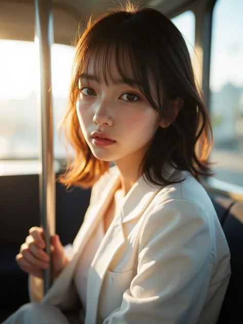 (masterpiece, ultra-realistic, highly detailed, cinematic lighting)
A beautiful 18-year-old Japanese female model with delicate facial features, wearing a white school uniform, sitting in a train. Soft sunlight streams through the window, gently illuminati...