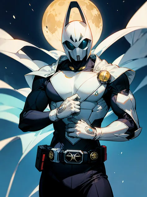 Moon knight suit with Kamen Rider belt with a moon symbol, Moon background