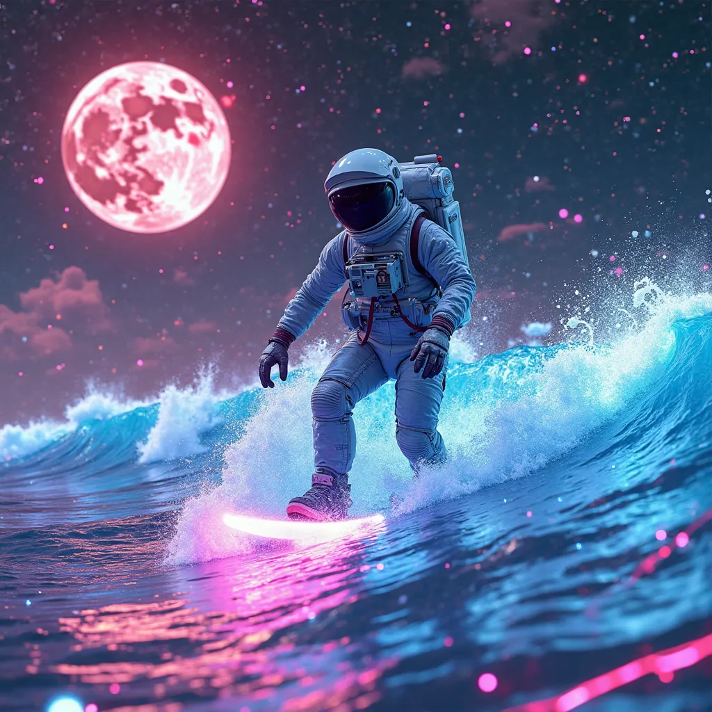 "A futuristic astronaut in a sleek, reflective space suit, surfing on a glowing, holographic wave. The wave consists of neon liquid with pixelated streaks and glitch effects. The background showcases a vast cyberpunk sky filled with wireframe planets, shoo...