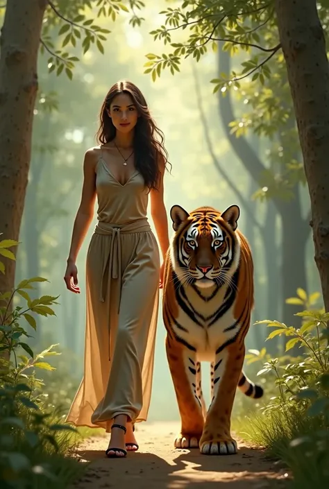 A woman walking with a big cat 