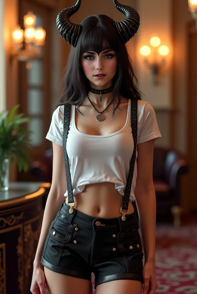 Sexy female vampire with horns in a t-shirt, suspenders and miniskirt in a mansion 