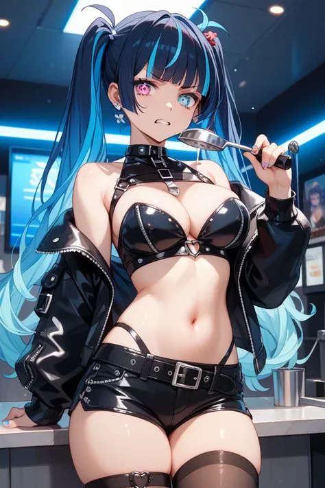  dark blue hair。twintails。Girls around 18 years old。bright blue fluorescent eyes。 Gas mask。the inside is made of shiny black leather。 belly button sticking out 。  wear jacket I have  。 My shoulders are coming out of the ladle。I'm wearing tight shorts made ...