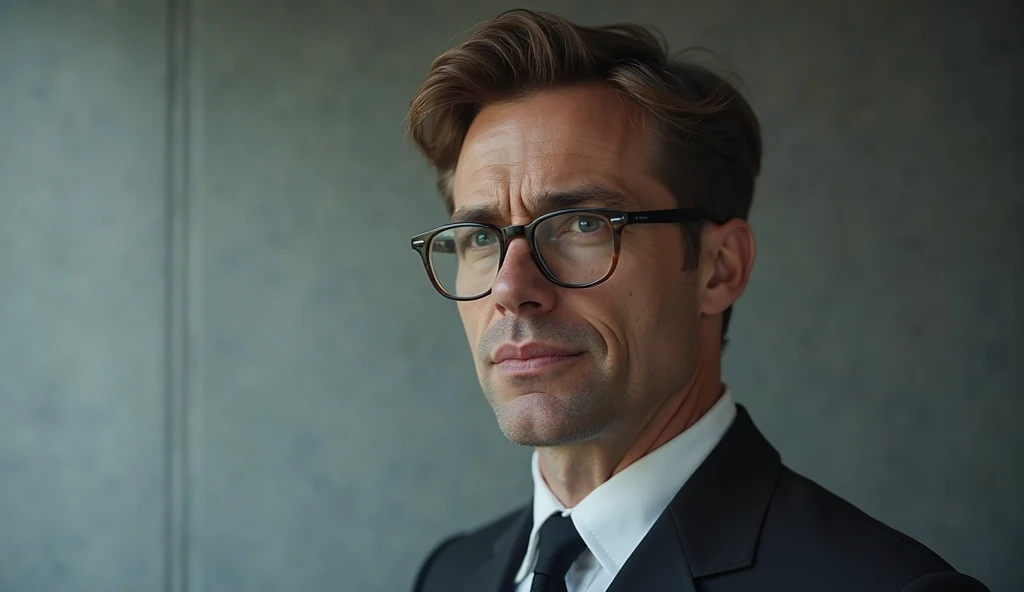 A realistic portrait of a serious and intelligent man wearing glasses and a dark suit. He has short, neatly styled brown hair and a calm, composed expression. The background is a subtle gradient, giving a professional and modern look. The lighting is soft ...