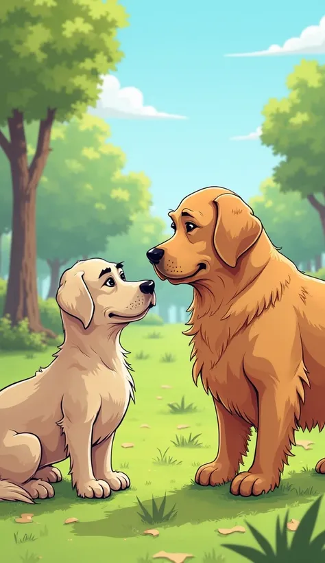 A cartoon-style scene of Max, a golden retriever, encountering an old Labrador while walking through a colorful park. Max has a curious but friendly expression on his face as he looks at the older dog. The old Labrador has a wise, gentle expression with gr...