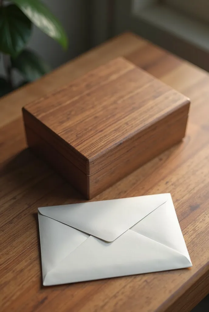 (photorealism:1.2), letter envelope, closed watch box front on wooden table. Aireal view.