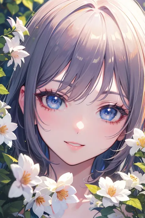 Anime girl holding a bouquet of flowers under a large cherry tree and smiling