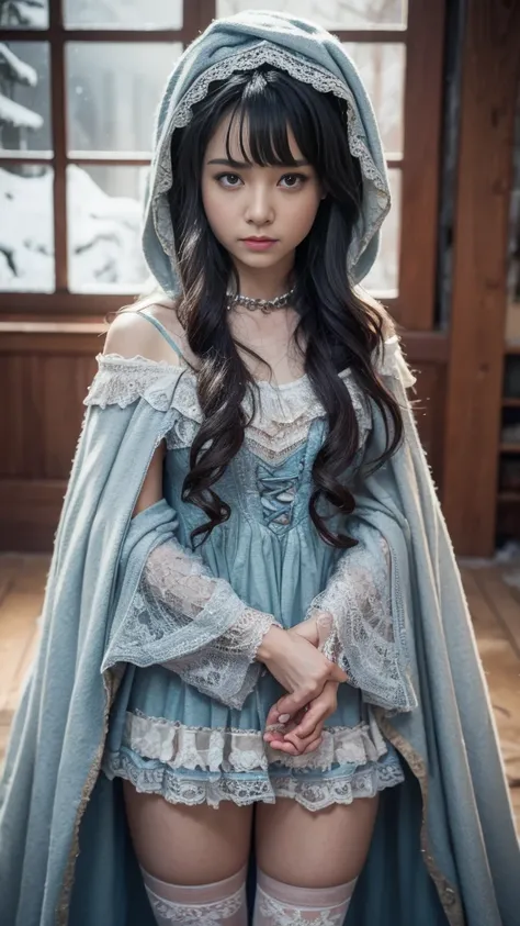 （ 8,000，Original image， best quality，  masterpiece：1.2），（Realistically ， Shoot a real person ：1.4)， hide your sad face，
Lolita Outfits ，Lace，  Alice Gainsborough ，  upper body，thigh，Lace， underwear，  Show bare shoulders  ， external， (external，Snow covered，...