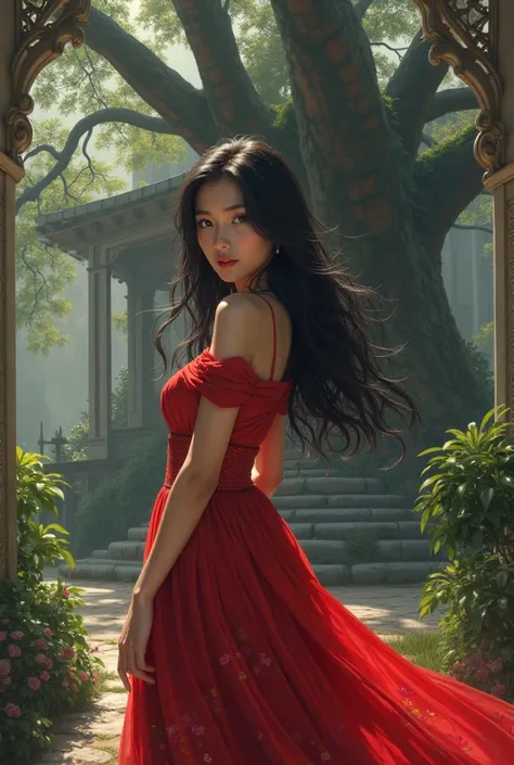 A beautiful 18 year old girl wearing an red dress with long black hair, she was standing in front of a slightly luxury house and under a banyan tree. She had a smile like a devil