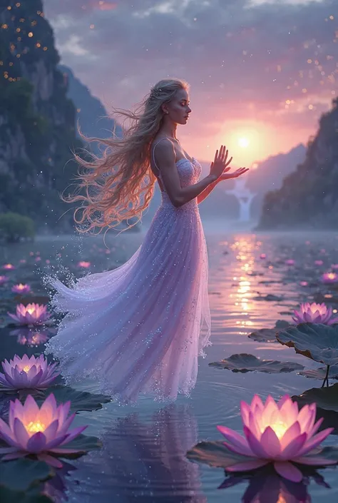 

Above an endless lake of crystalline water, a mystical young woman floats weightlessly, her presence radiating tranquility and life. The lake stretches beyond the horizon, its surface reflecting the vibrant hues of a twilight sky—deep purples, fiery oran...