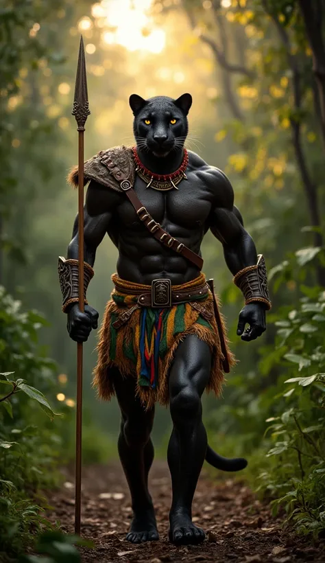 A fierce warrior with the head of a black jaguar strides forward with commanding presence, his piercing yellow eyes glowing under the dense jungle canopy. His sleek, dark fur blends seamlessly with the shadows, exuding both mystery and power. He wears a 13...