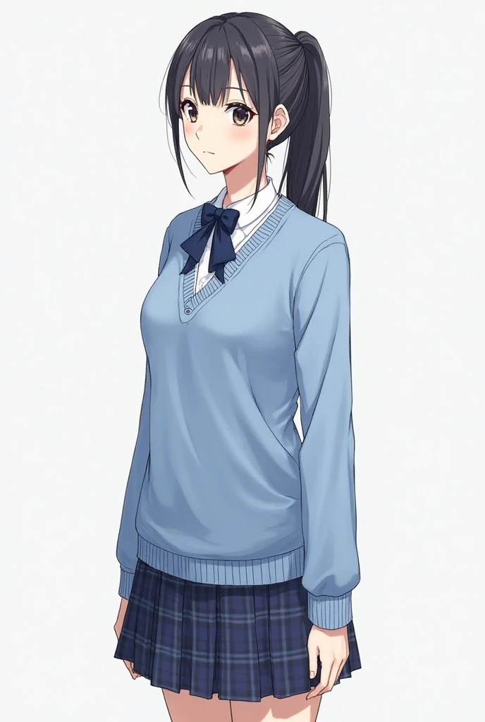 Can you make me a girl who is wearing a light blue dress style uniform with squares such as a navy blue vest a navy blue sweater and who has a high tail without fringes