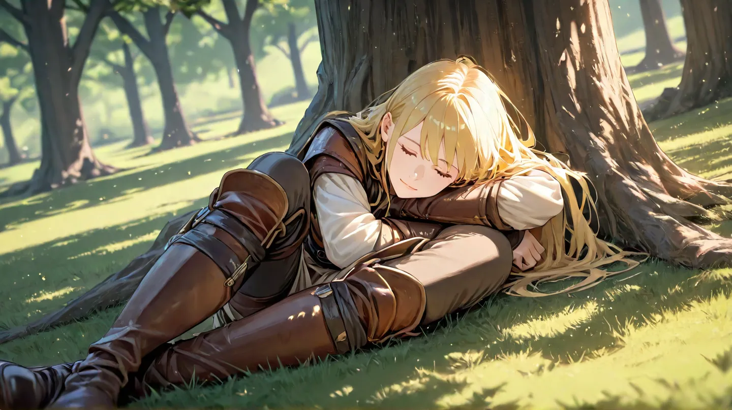  huge _very high resolution, high resolution,  masterpiece, recent, 1 female,  long hair, yellow hair, Close your eyes and sleep , Lean against a tree, Cross one's legs, light smile, Arm pillow, Medieval Adventurer Outfit,  soft_light,  blurry , Tree shade...