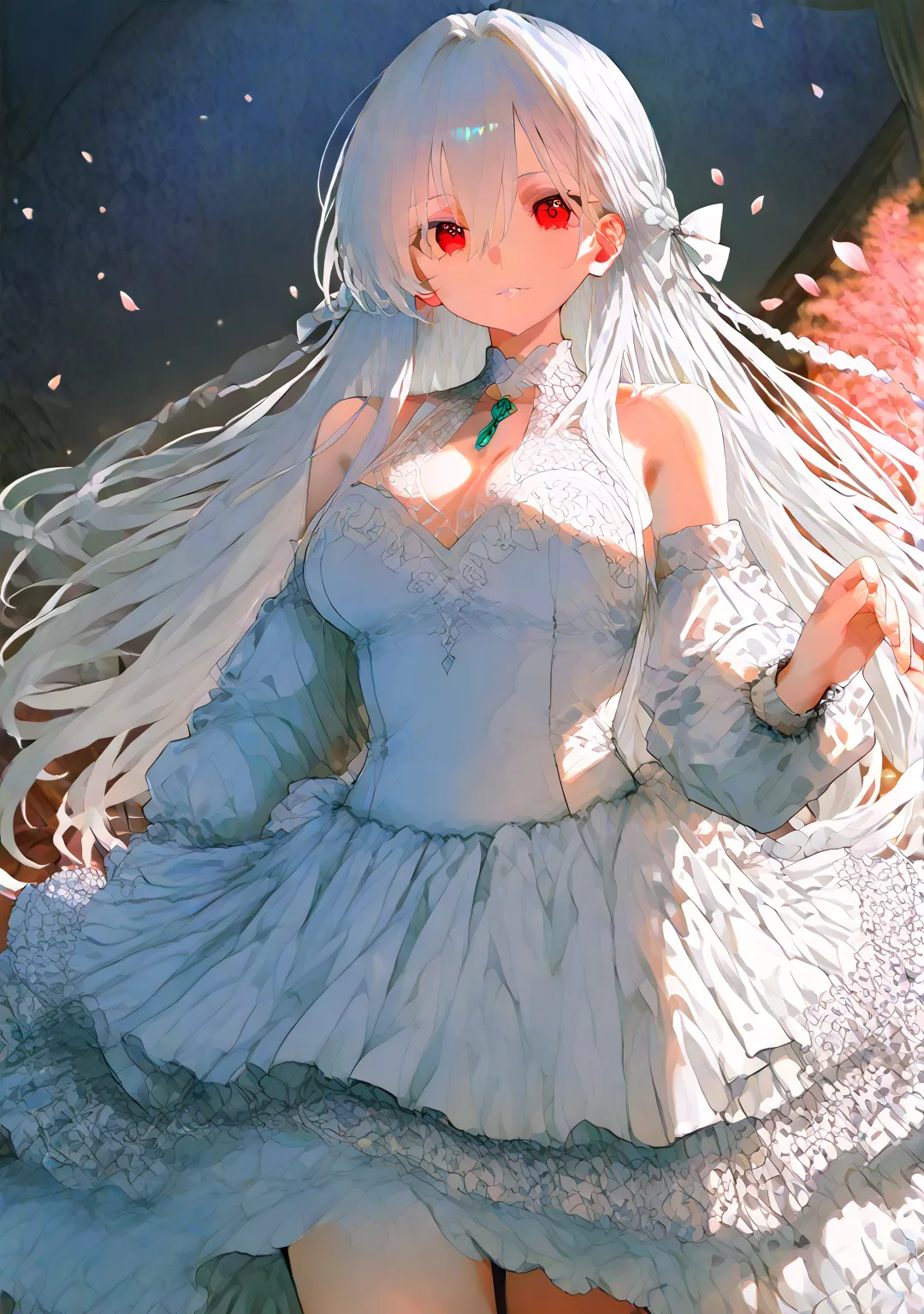 A girl with white hair, red eyes and beautiful clothes