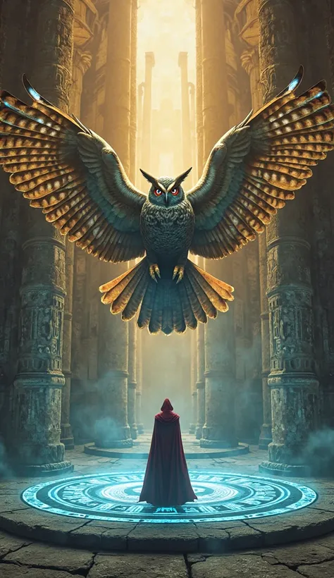 A majestic owl and Doctor Strange stand face to face, their eyes locked in an intense, mystical confrontation. The owl, larger than life, possesses an aura of ancient wisdom, its intricately patterned feathers shimmering with arcane energy. Its piercing ga...