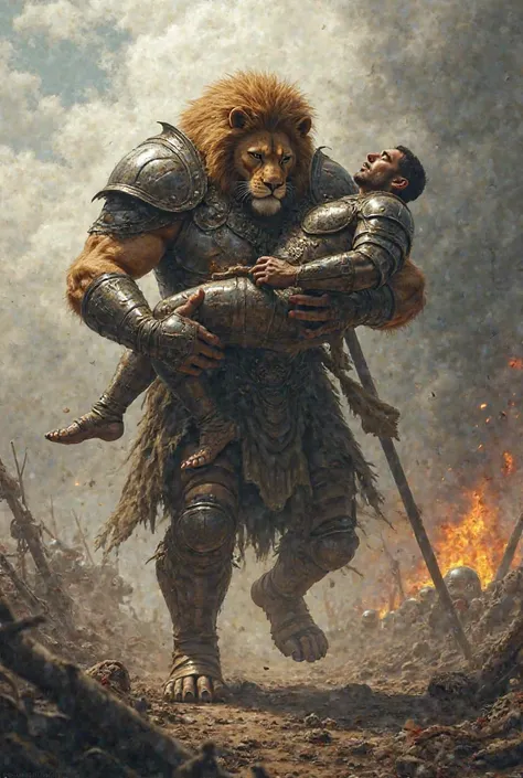 Lion person saving teammate in the war