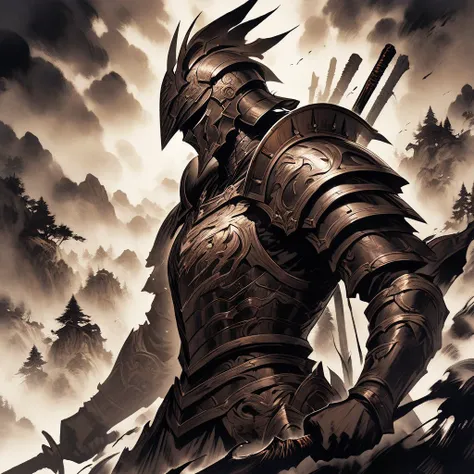 top quality,  masterpiece,Ink painting,Dark fantasy style illustrations,Wooden Warrior,Cypress Stick,wooden armor ,Wooden Helmet,Overwhelmingly strong