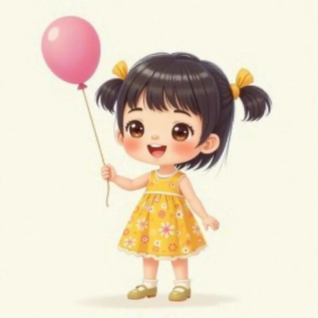 A cartoon girl of Asian appearance, aged 5-7, with cute features: big eyes, chubby cheeks and a neat haircut with bangs. She is dressed in a bright sundress or dress with a floral pattern, light shoes and frilly socks. In one hand she holds a balloon (for ...