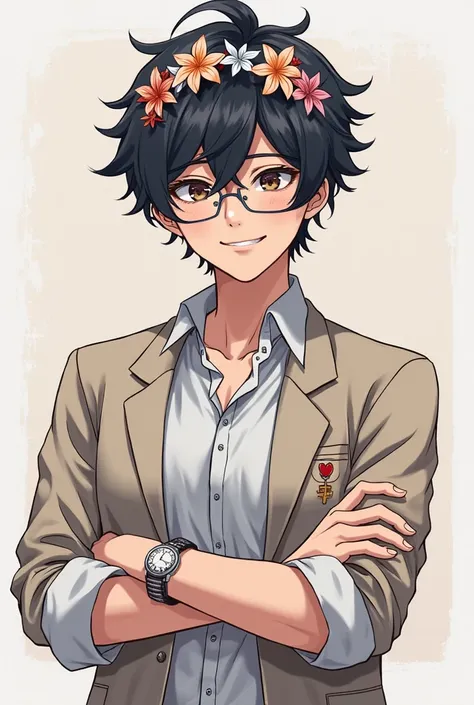 An adult of height 1, 95 full body,  muscular,  with black hair,  a flower headband , Short medium curly hair,  he wears an agreement store uniform, He has glasses and some dark circles under his eyes, that the drawing style is semirealistic mixed with man...