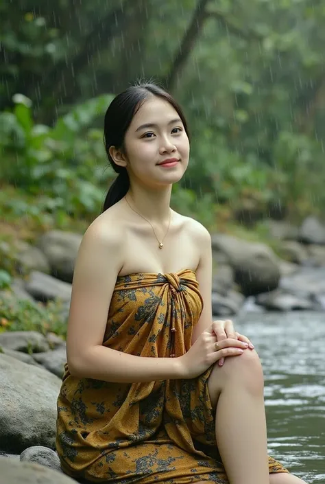 beautiful village girl,medium breast,playing on the river during rain