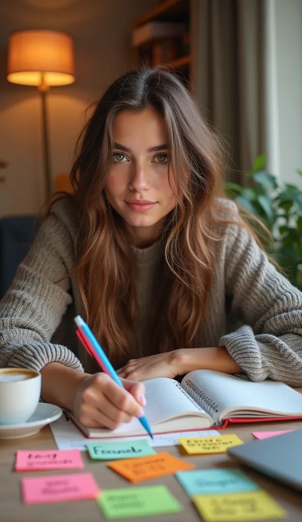 "A young woman, 25 years old, with long brown hair, green eyes, and a determined expression, sitting at a desk with a notebook open. She is writing specific goals with a colorful pen, surrounded by sticky notes with motivational phrases like 'Stay Focused'...