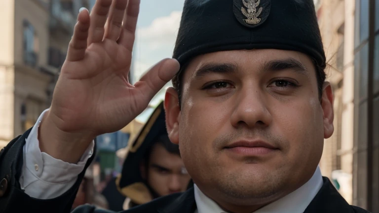 a sturdy, fat man, dressed neatly in a suit, accompanied by a squad of soldiers