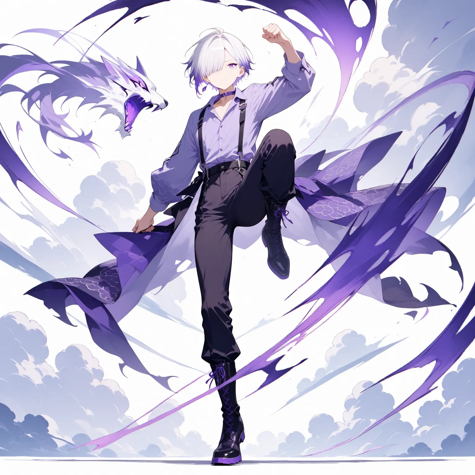 masterpiece, high score, great score, absurdres,
1boy, sranding,male focus, 20-yo, クモイエイテル, full body, toned,twink,white hair, side-parted, lilac highlights, hair over one eye,purple eyes, single purple earring/ (left ear/),avant-garde japanes clthes,choke...