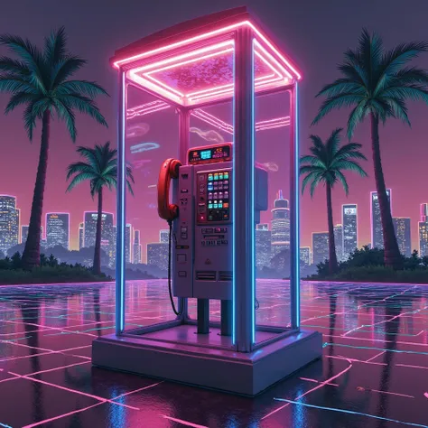 "A vintage 1990s payphone booth standing in the middle of a neon-lit cyber city. The booth glows with iridescent holographic reflections, and the phone itself floats mid-air, surrounded by glitchy electric waves. The city behind is a retro-futuristic skyli...